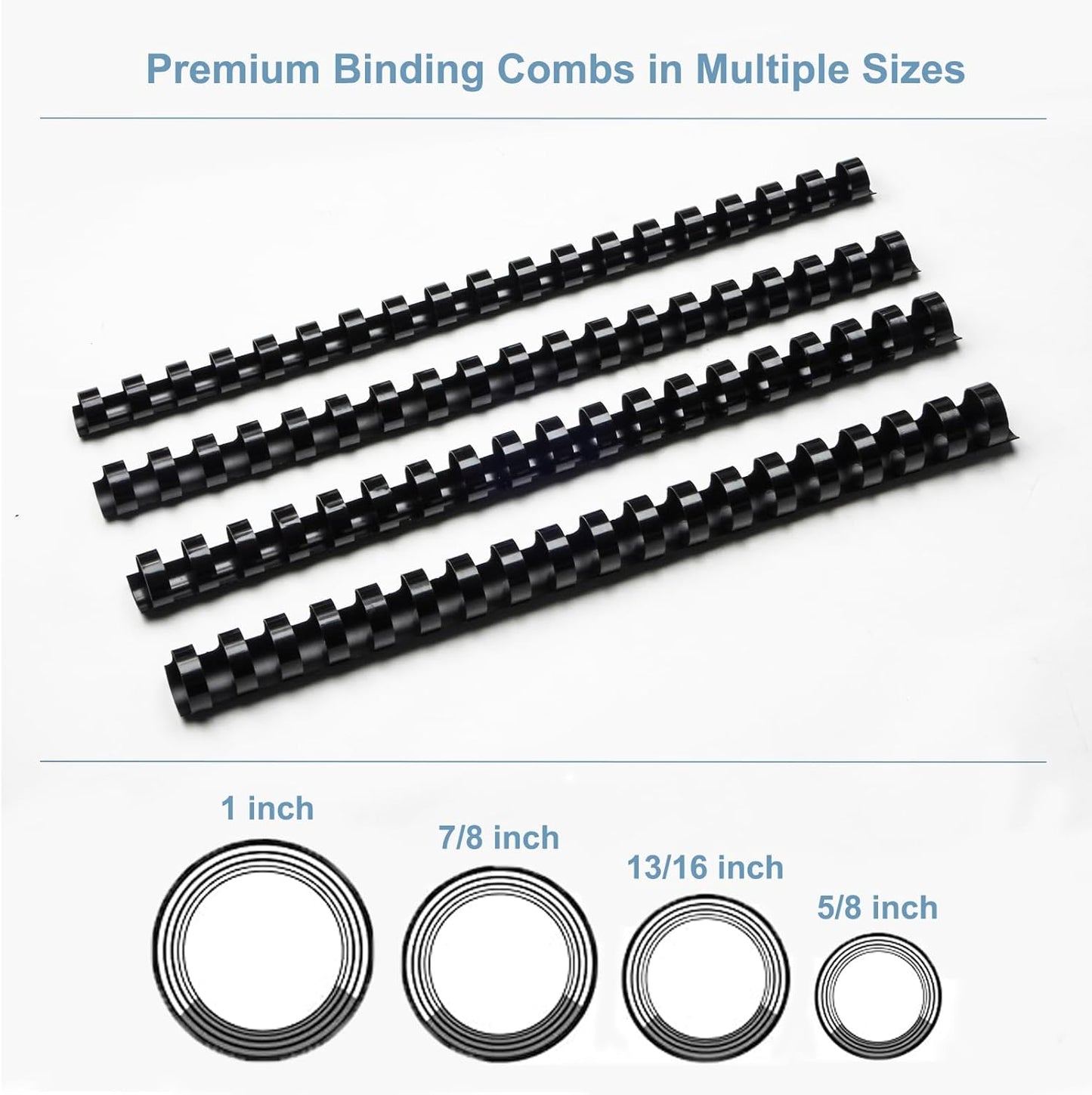 Rayson CR16202225BK Plastic Binding Combs 5/8 in. 13/16in, 7/8in, 1in, 19-Ring Letter Size, Black Comb Binding Spines, Multi-Size Pack of 40