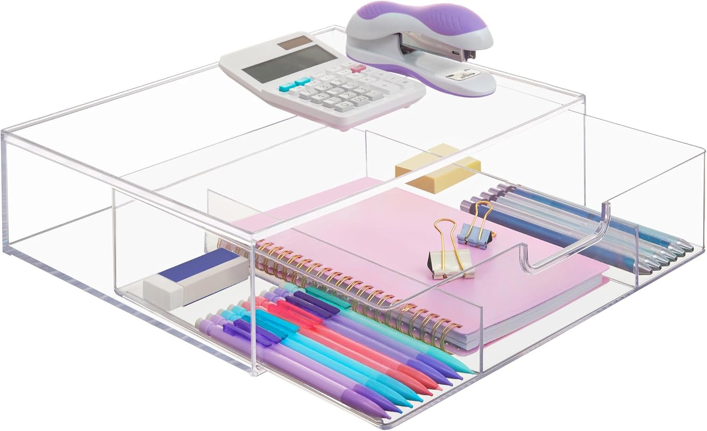 STORi STAX Plastic Stackable Organizer Divided Drawer in Clear | 12.5-inches Wide | 3-Compartments to Organize Office Desk Accessories, Pens, and Notepads| Made in USA