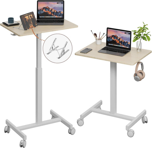 Mobile Small Standing Desk, Gas Spring Adjustable Height Rolling Portable Laptop Desk with Lockable Wheels, Computer Workstation, Rolling Podium (Maple Top + White Frame, 18 * 26)