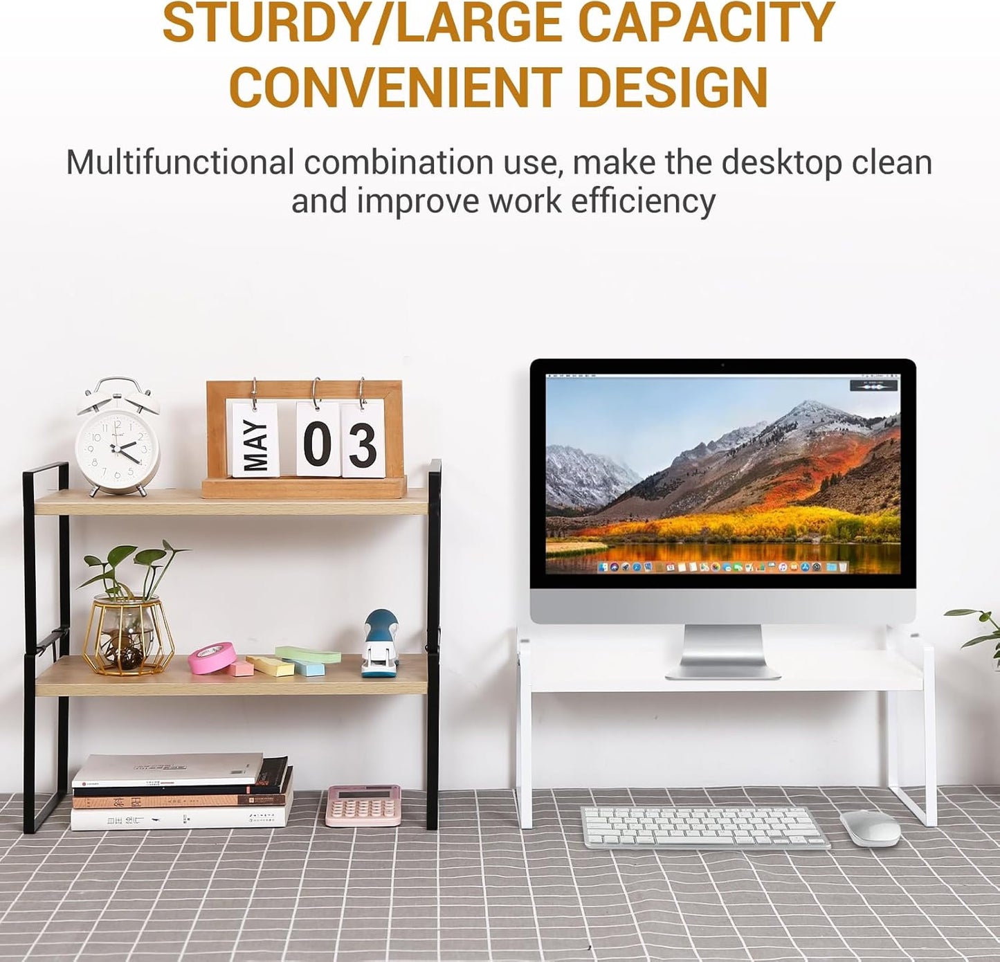 YGYQZ Wood Office Desk Shelf Organizer - Desktop Supplies Cute Dresser Top Organization Storage Rack and Cubicle Decor Aesthetic Bookshelf for Women Man and Kids (White White-Two Tier)