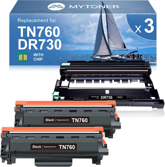 MYTONER Compatible Toner Cartridges Replacement for Brother TN760 TN-760 DR730 Drum Unit TN730 TN-730 for MFC-L2750DW MFC-L2690DW MFC-L2710DW MFC-L2717DW HL-L2350DW Printer (2 Packs Toner, 1 Drum)