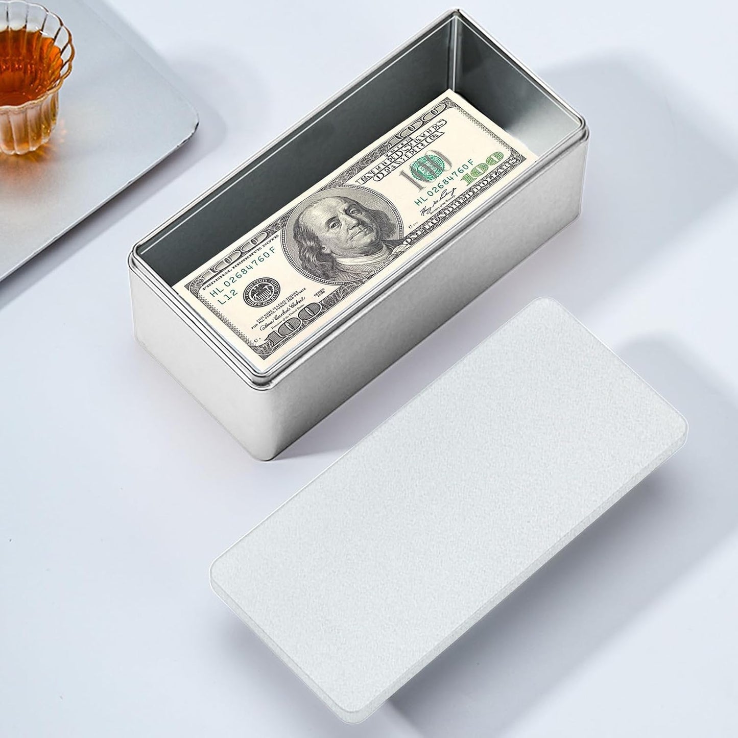 Silver Metal Cash Box - Single Row Currency Tray with Lid - Money Storage Organizer