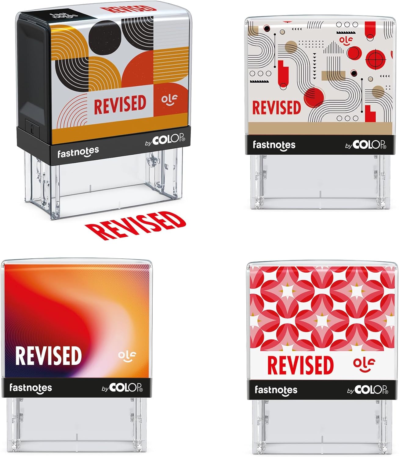 Fastnotes Revised Self-Inking Rubber Stamp by COLOP - Great for Office Documents, Notary, Warehouse, Accounting Paperwork, Business, and Legal Documentation - Red Ink (Revised- Red)