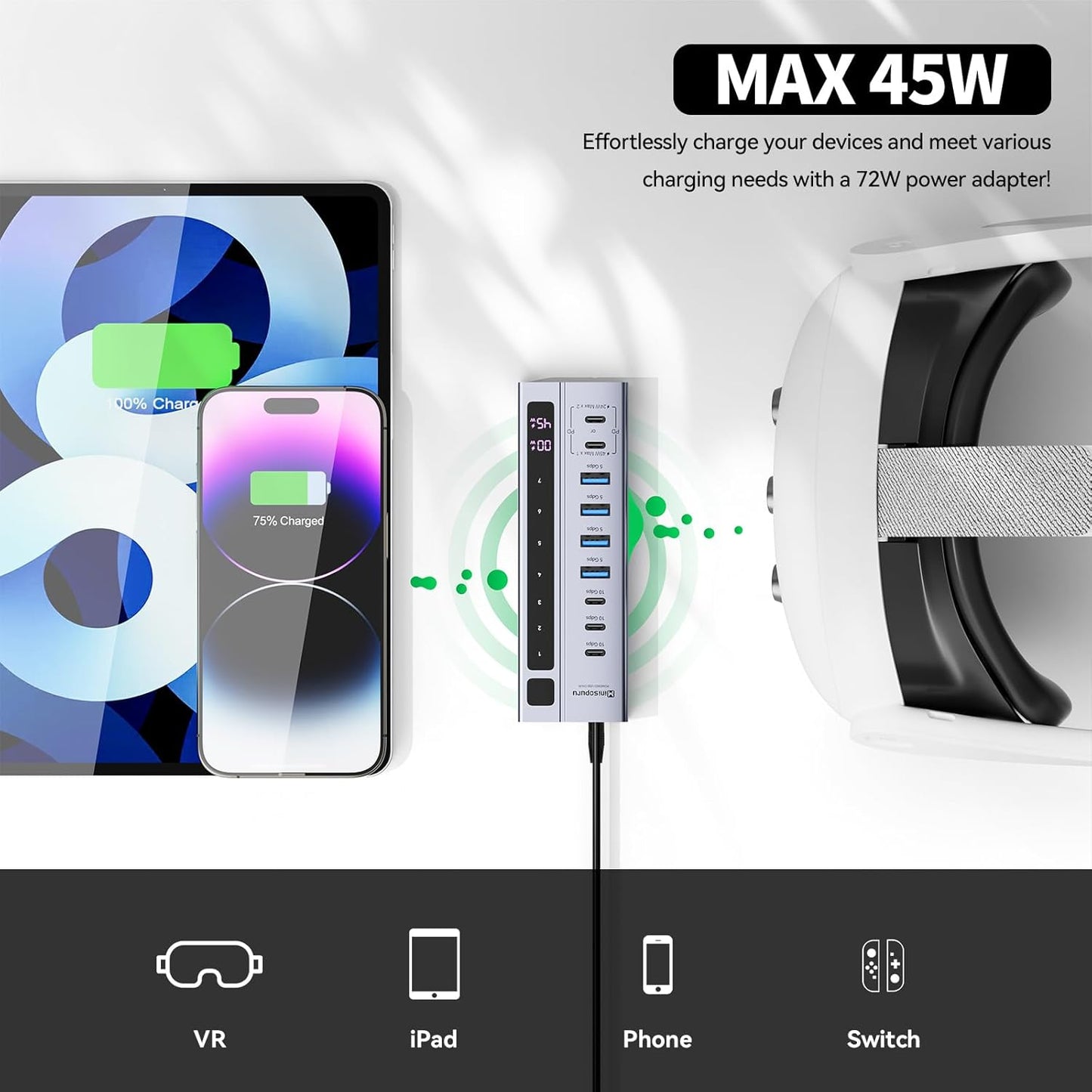 Minisopuru Powered USB C Hub – Support Max 45W Charging with 72W Power Adapter, 10Gbps Data Transfer, USB-C Powered Hub for Laptop, MacBook,iPad (Not for Monitor)