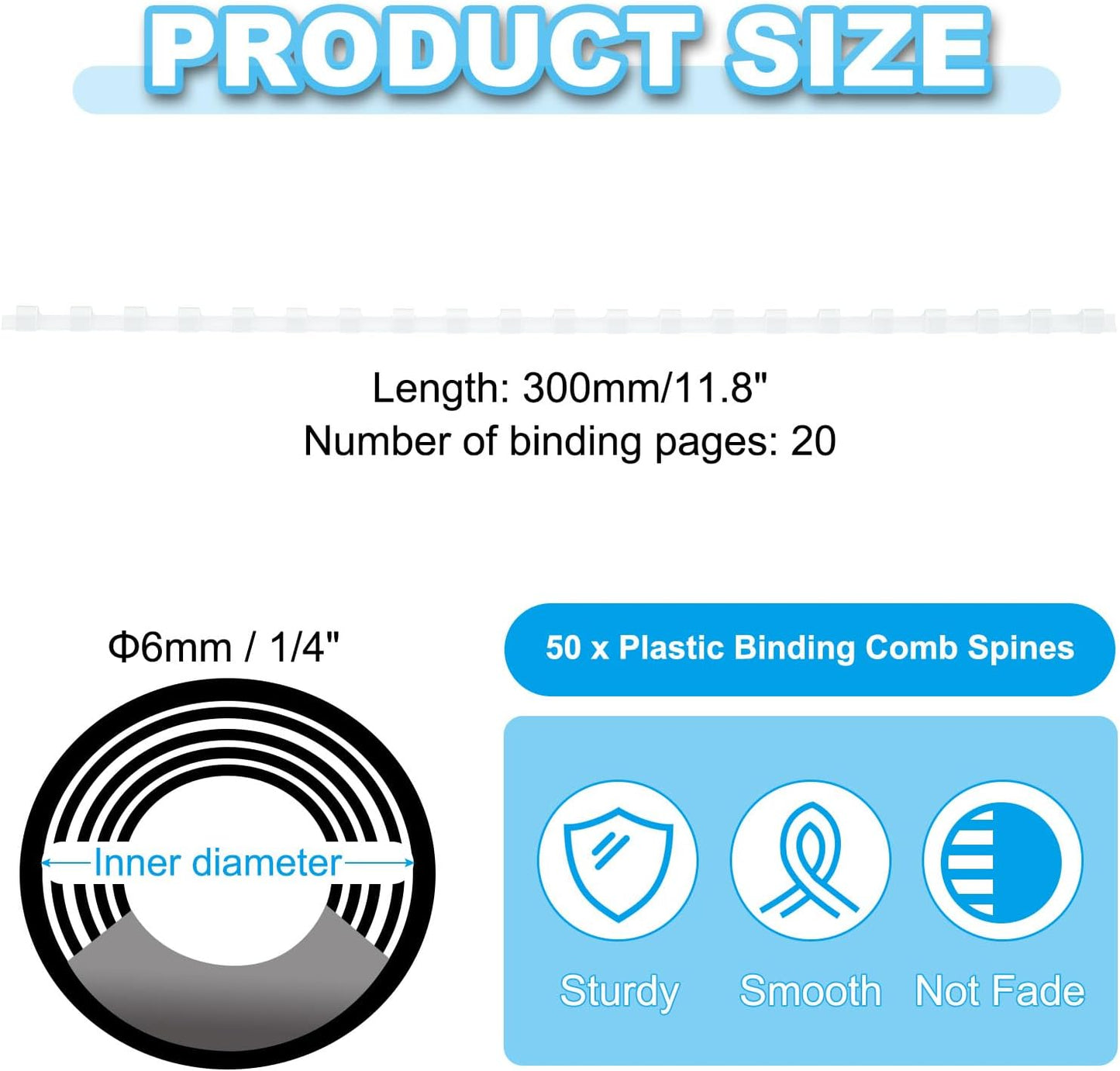 PATIKIL 6mm (1/4") Plastic Binding Combs, 50 Pcs 21 Rings Comb Binding Spines 20 Sheet Capacity Letter Size for Binding Paper Sheets, White