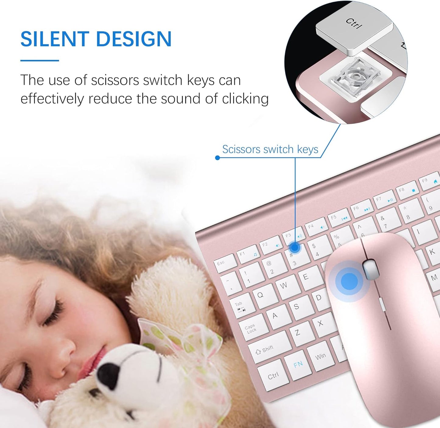 Wireless Keyboard and Mouse Ultra Slim Combo, TopMate 2.4G Silent Compact USB 2400DPI Mouse and Scissor Switch Keyboard Set with Cover, 2 AA & 2 AAA Batteries,for PC/Laptop/Windows/Mac-Rose Gold White