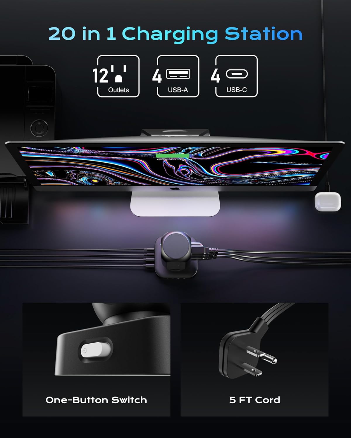 Tower Surge Protector Power Strip,12 AC Outlets & 8 USB Ports, Flat Plug 5FT Extension Cord with Multiple Outlets, 24W Outlet Extender Overload Protection for Home Office Room