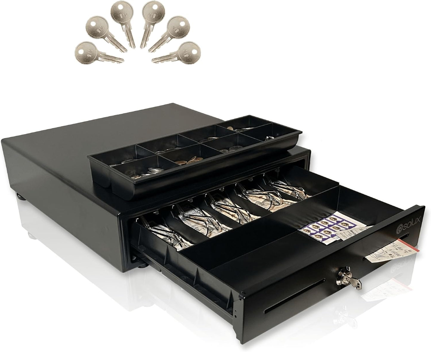 SOLUX 16" Cash Drawer - Cash Registers - Cash Register Drawer for POS - Square Cash Drawer - for Small Businesses - Removable Coin Tray - 24V, RJ11/RJ12- Key Lock - 5 Bill - 5 Coin, Black