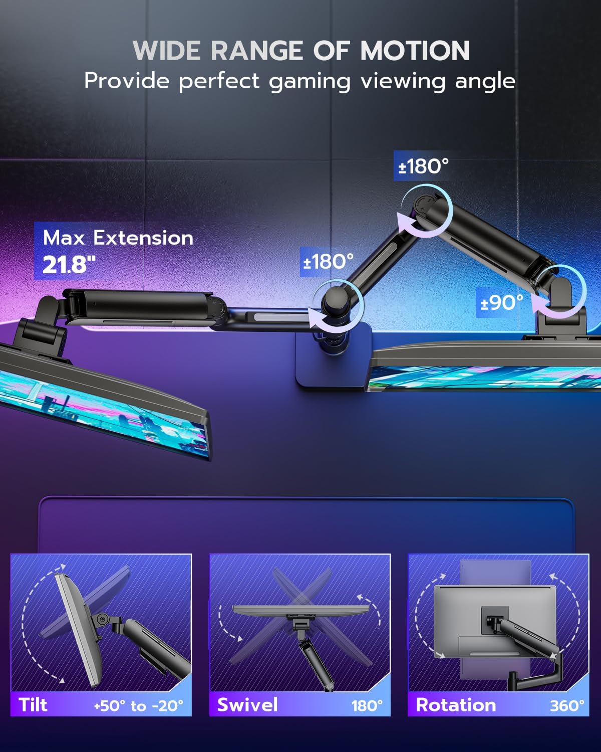 Vertical Dual Monitor Mount for 17-49 Inch Ultrawide Heavy Duty Curved Screen Stacking, Computer Monitor Arm Desk Mount, Gas Spring Adjustable Vesa Stand, Black