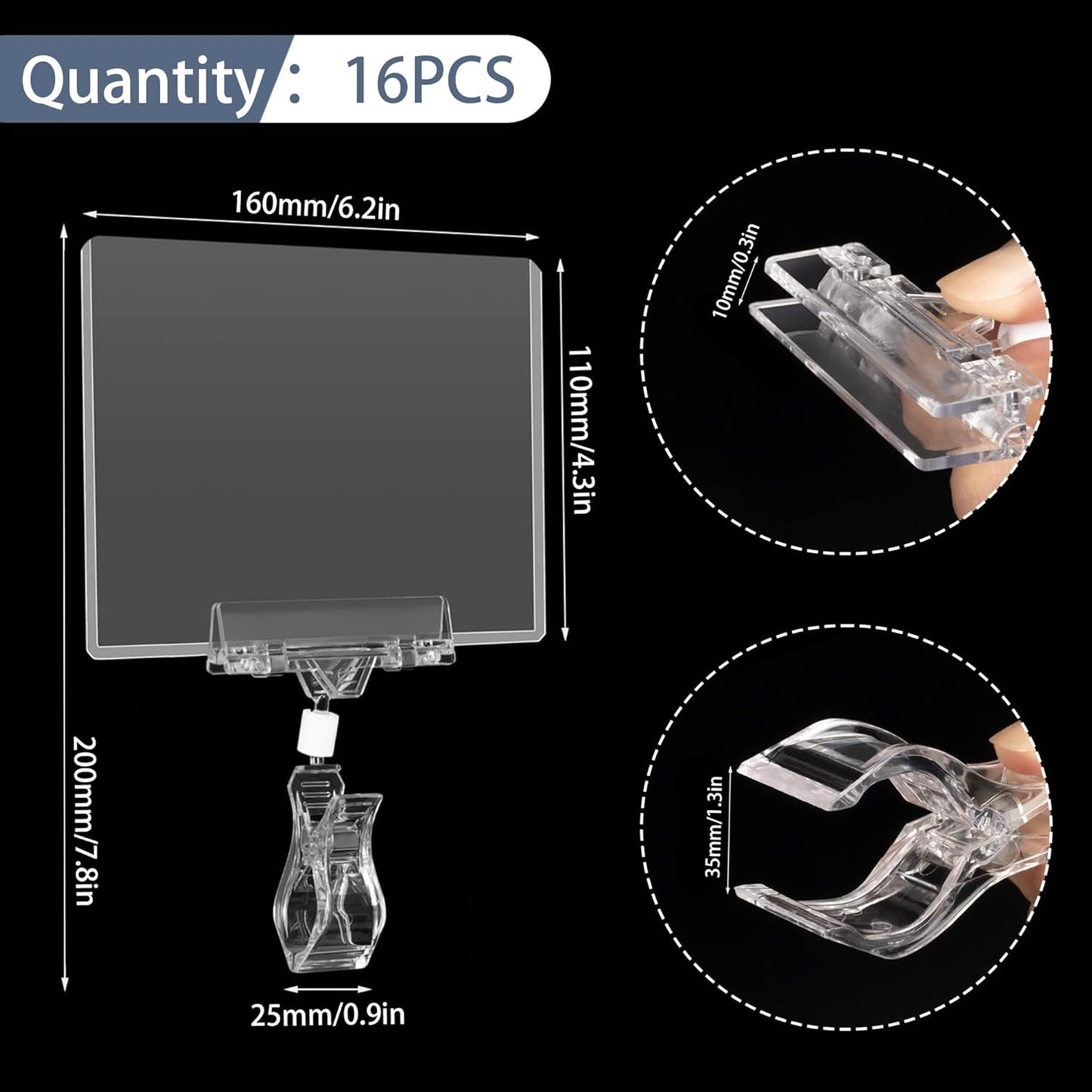 Mlici Clear Rotating Sign Holder with Clip, 16 PC Sign Clips POP Swivel Sign Holding Clamp for Retail Store Office, 4x6 Inch PVC Card Holder Protector for Merchandise Display Tags