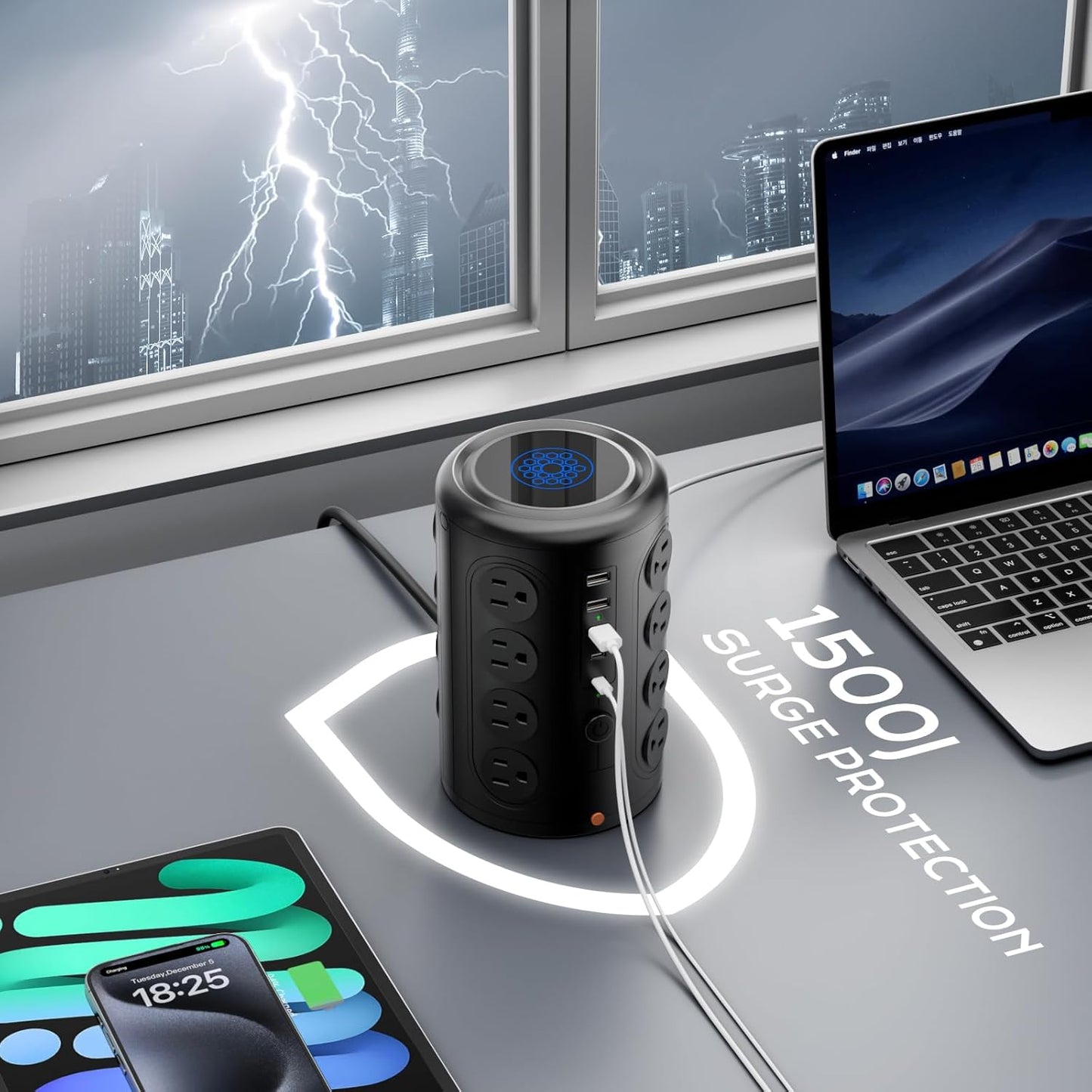 Surge Protector Power Strip 10 FT Cord, TenTrend Vertical Power Tower with 16 Outlets and 5 USB Ports (2 USB-C), 1875W 2000J Charging Station for Home Office Desk, Dorm Room Essentials, Black