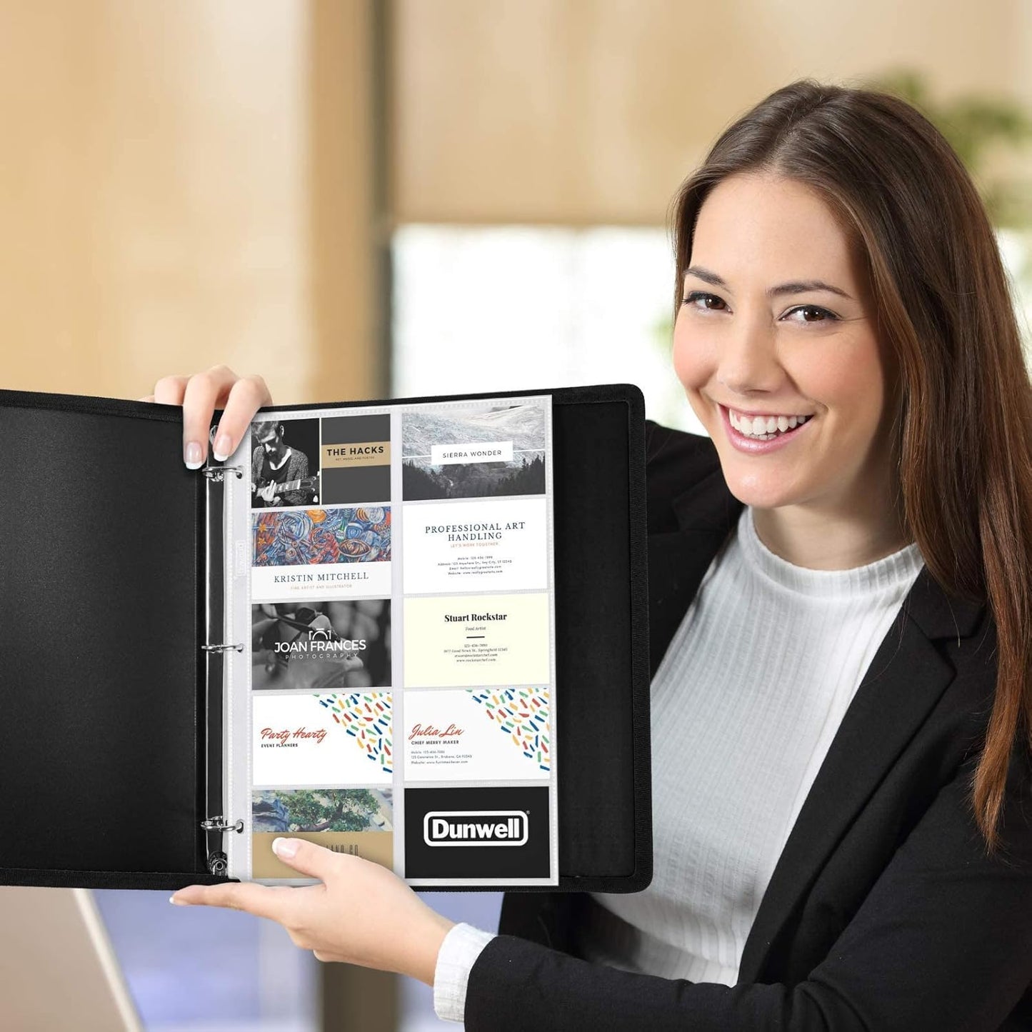 Dunwell Business Card Holder Sleeves (50 Pack for 1000 Cards), Heavyweight Plastic Sheet Protect, Each Sleeve Holds 20 2x3.5 Namecards, 3-Hole Punched, Fits 3-Ring Binders