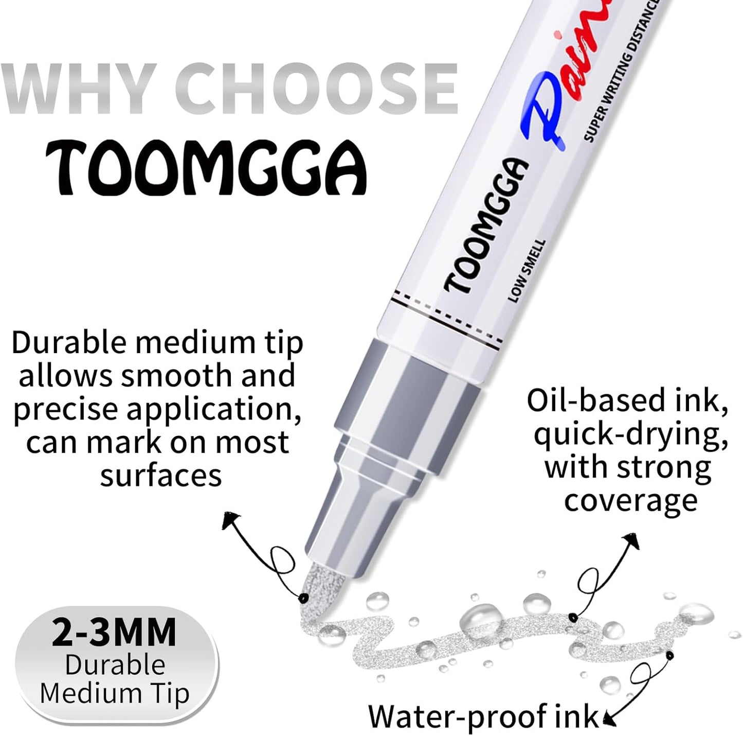 Silver Paint Pens Paint Markers - 6 Pack Permanent Markers Oil Based for Metal Wood, Pens for Metal, Car Tyre,Wood, Plastic, Rock Painting, Glass, Craft Supplies,Waterproof