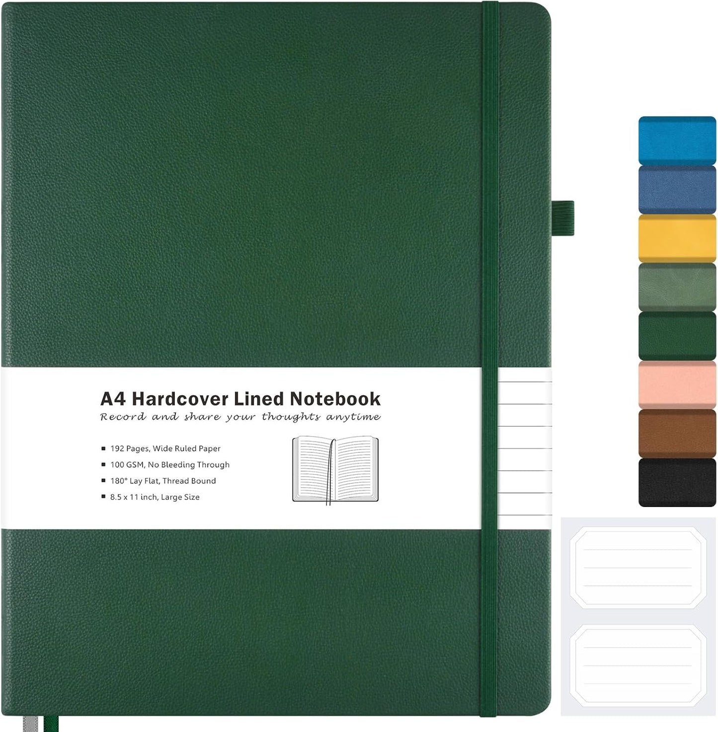 Lined Journal Notebook, 8.5" x 11" Hardcover Leather Notebook for Work, Wide Ruled Notebook Journal for Women Men, 192 Thick Paper, Lay Flat, 2 Pockets, A4 Large Journals for Writing, Green Notebook