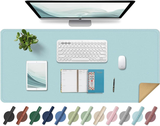 Non Slip Desk Mat, 31.5" x 15.7" PU Leather Desk Pad, Cork Desk Mat for Desktop, Desk Pad for Keyboard and Mouse, Ideal for Office and Home, Light Blue