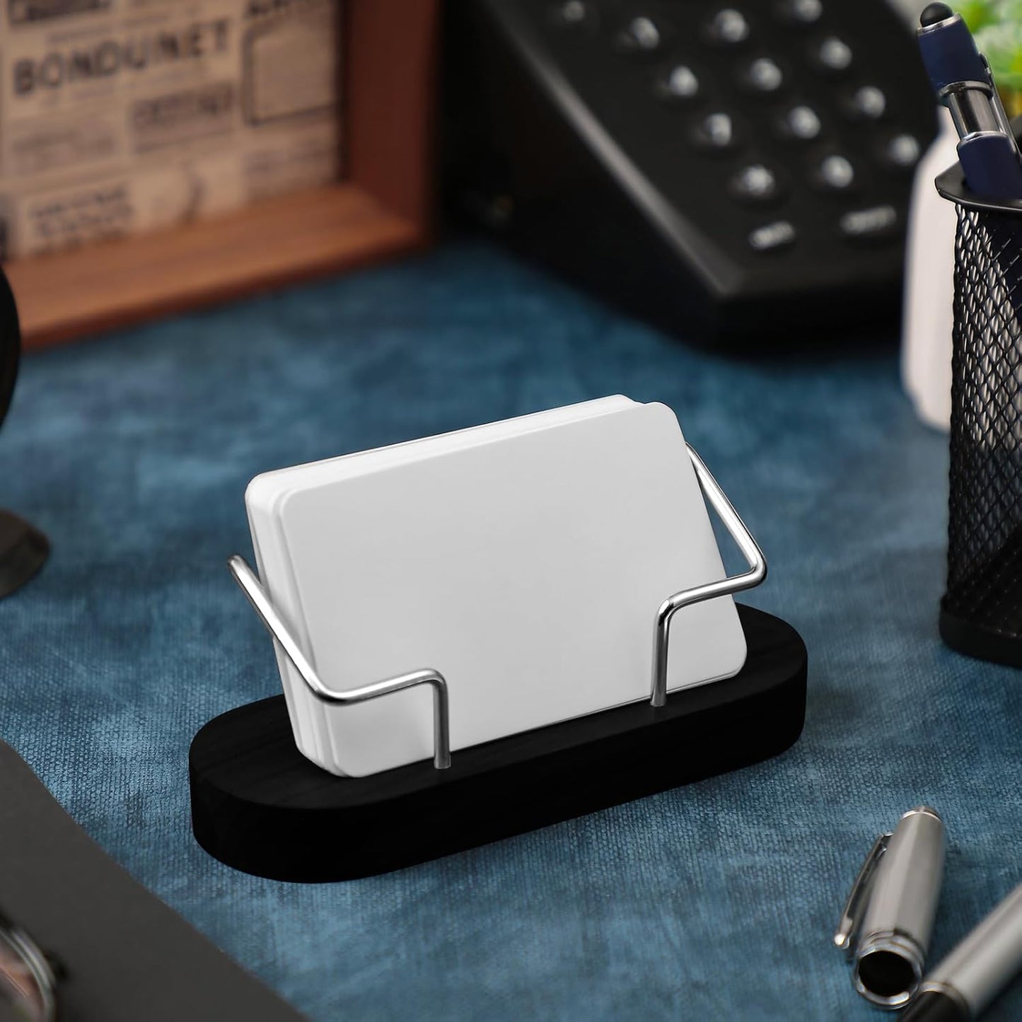 Amyhill 2 Pieces Wood Business Card Holder for Desk Wooden Business Card Display Stand Postcard Holder for Office Home Desktop (Black)