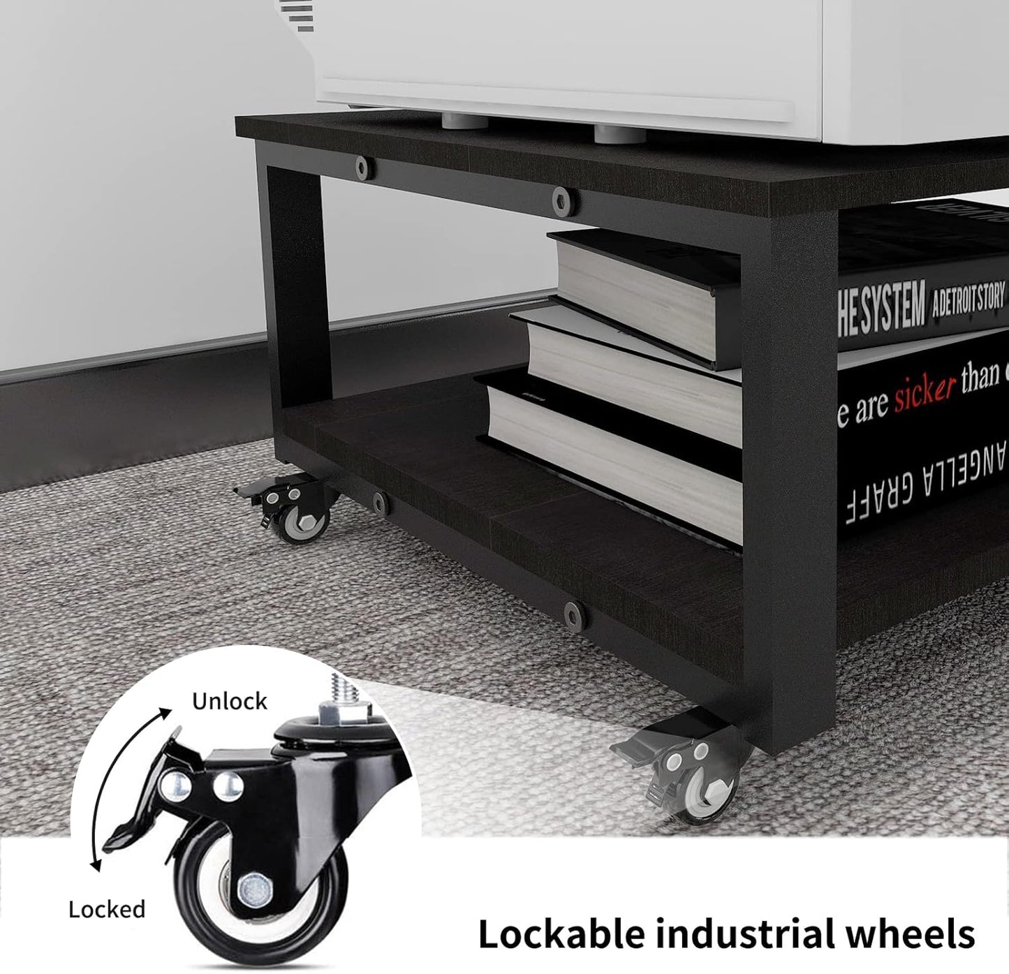 Natwind 2 Tier Laser Printer Stand,23.6''x23.6'' Large Printer Table,Copier Stand with Wheels, Heavy Duty Rolling Printer Cart with Paper Storage Shelf for Home Office (Black)