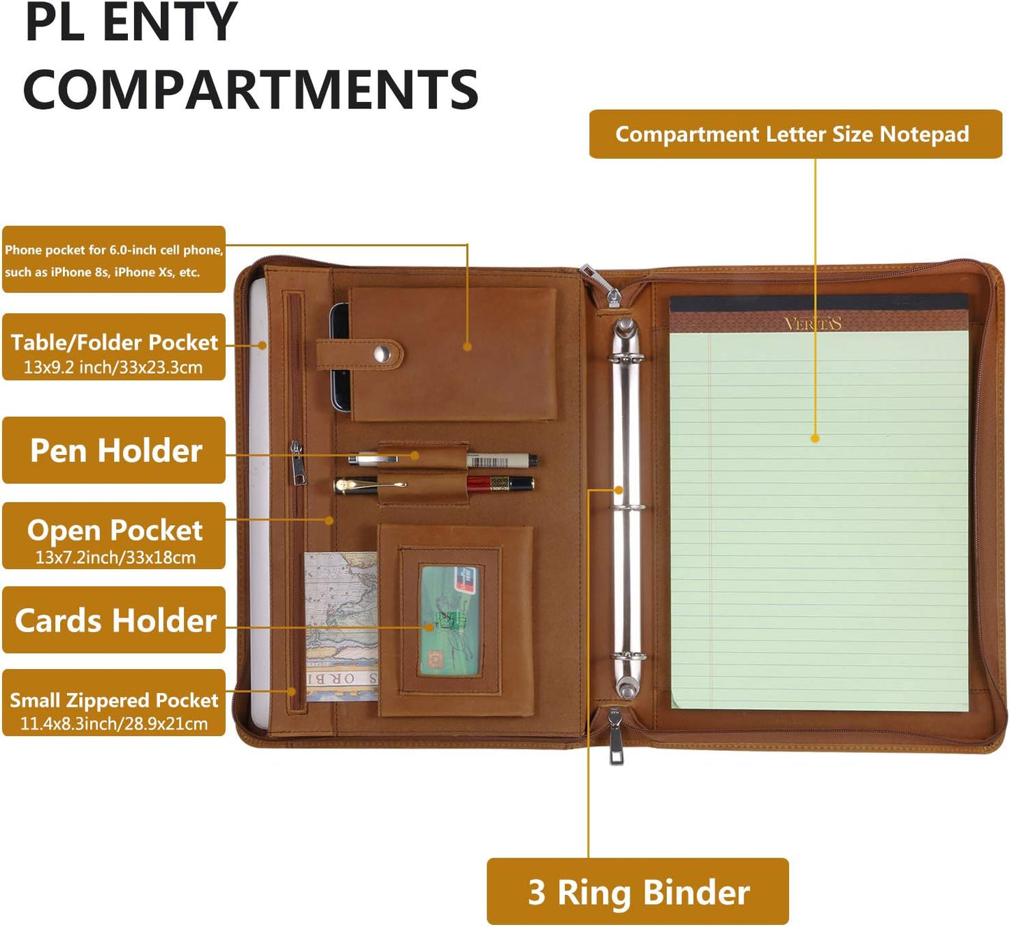 Professional Leather Business Padfolio Portfolio Case, 3 Ring Binder,Zippered Business Document Organizer Tablet Holder Folder Case,with Letter Size Notepad (Brown Upgraded version)