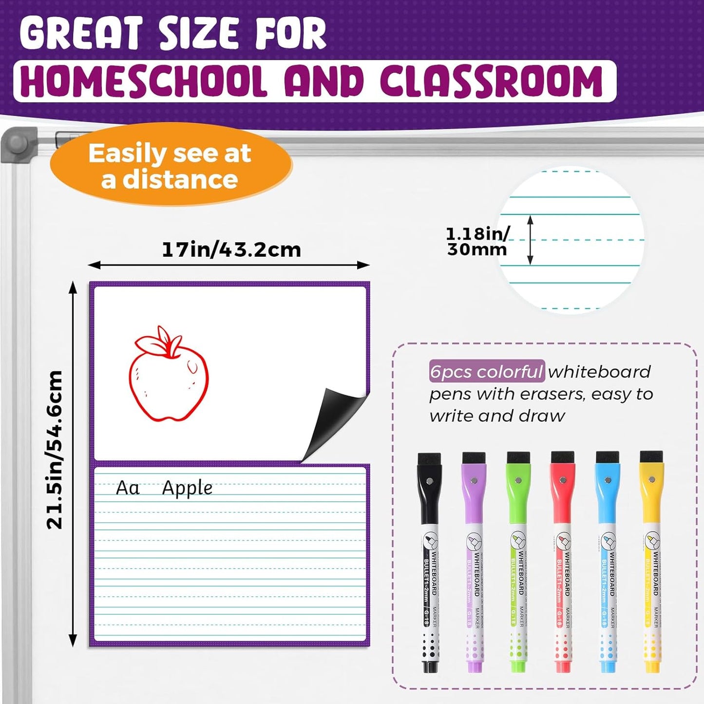 KIKIGOAL 21.5"x17" Magnetic Draw and Write Paper,Dry Erase Handwriting Lined Paper for Classroom Whiteboard, Writing Chart Page Teacher Must Have Homeschool Teaching Supplies (Draw and Write)