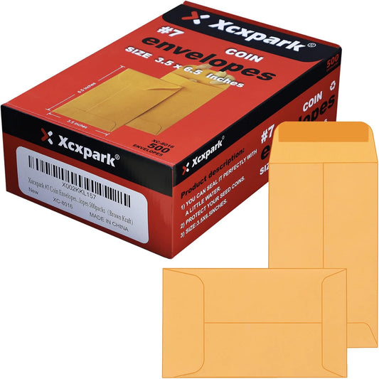 500 PCS #7 Coin Envelopes, 3.5 x 6.5 inches Brown Kraft Envelopes Classic Small Parts Envelopes with Self Adhesive Gummed Flap for Coins, Cash, Credit Cards, Seeds