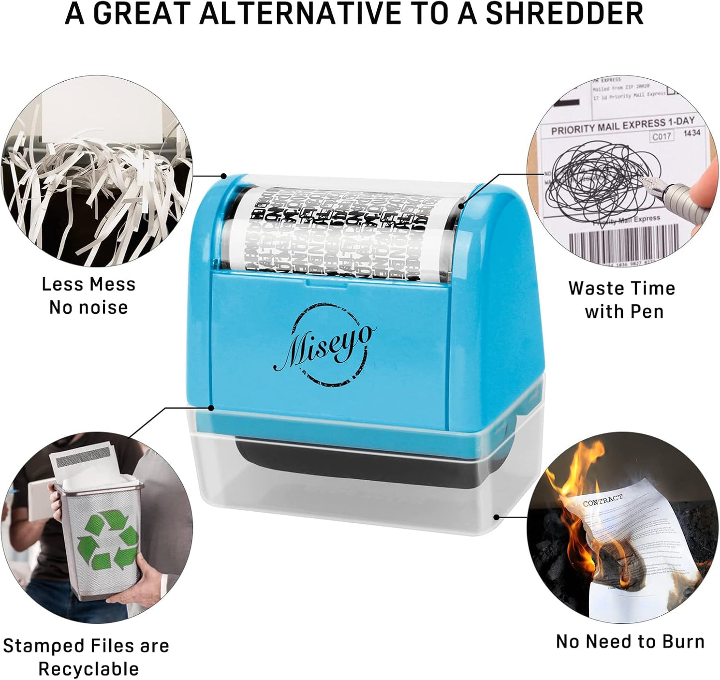 Miseyo Wide Identity Theft Protection Roller Stamp Set - Blue (3 Refill Ink Included)