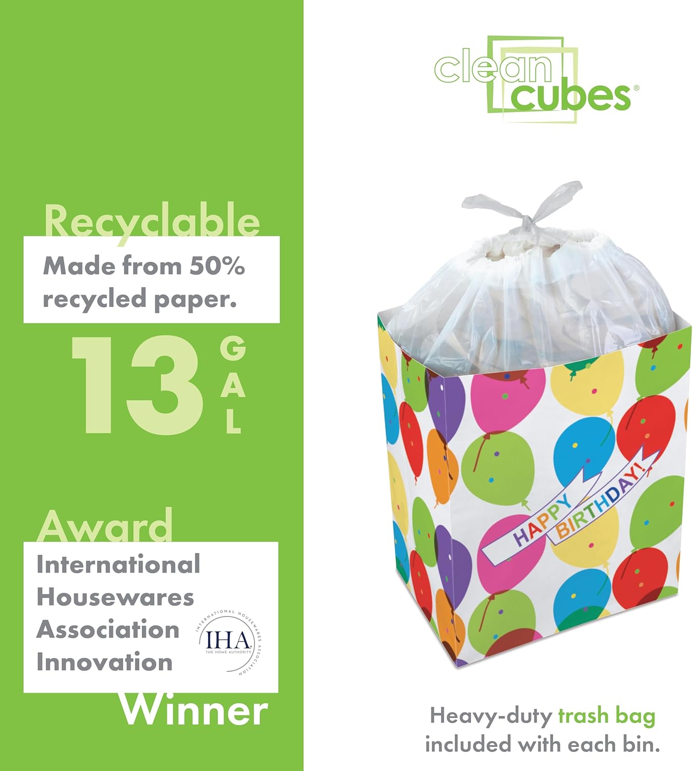 | 13 Gallon Disposable Trash Cans (3-Pack) with Fitted Trash Bags - Reusable Garbage and Recycling Bins for Parties, Events, and More (Birthday - 17" Height x 13.5" Width x 10" Depth)