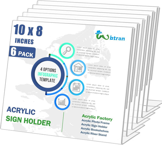 Slanted Back Acrylic Sign Holder 8 x 10 Horizontal, Acrylic Stands for Display 10 x 8, Clear Tabletop Plastic Paper Sign Holder for Office, Home, Restaurant (6 Pack 10x8 Inches)