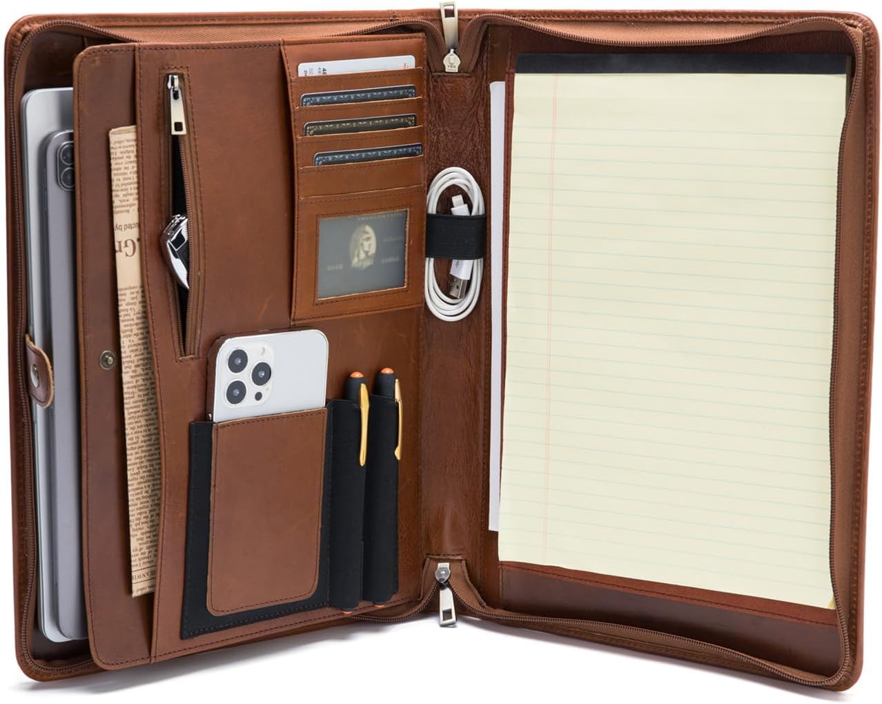 Personalized Genuine Leather Portfolio, Legal Size 8.5 x 14 Pad Holder, Custom Engraved Business Padfolio for Men Women, Zippered Laptop Organizer, Professional Notepad Folio, Brown, Oil Tanned