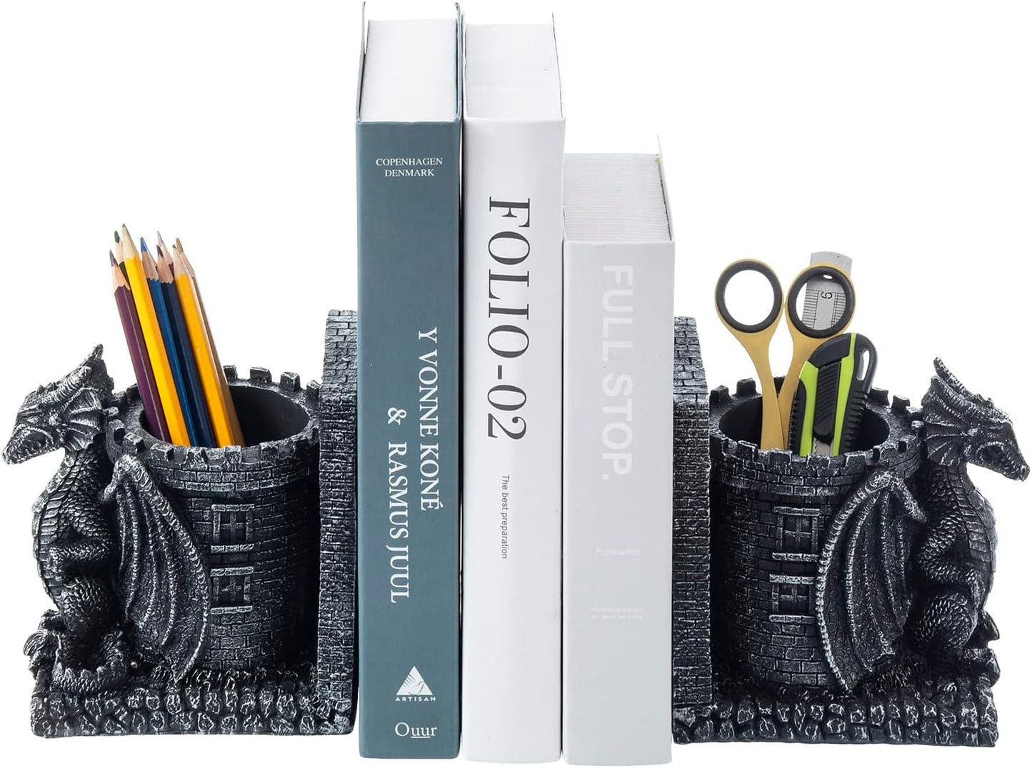 MyGift Gothic Black Resin Dragon Guarding Castle Pencil Cup Bookends, Office Desk Book Ends with Decorative Fantasy Dragons and Stone Tower Pen Holders, 1 Pair