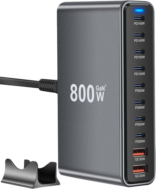 800W USB C Fast Charger Block, 10 Port USB Charging Station, GaN Ⅲ Pro Dual 140W PD PPS Port for Multiple Devices,Laptop Wall Charger Compatible with DELL, HP, MacBook Pro,iPhone 16,Galaxy S24