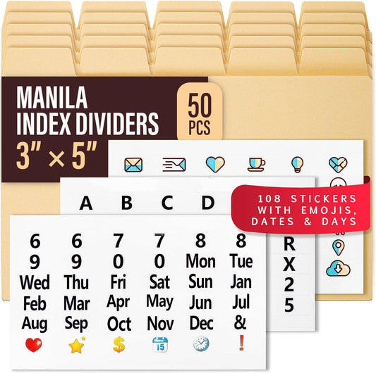 50 Manila Index Card Dividers 3x5 with Tabs & Alphabet Stickers for Recipe Cards