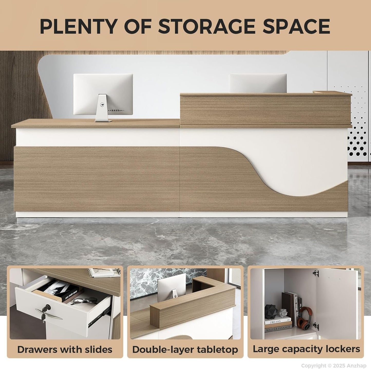 Modern Reception Desk – L Shaped Front Desk Checkout Counter with Drawers, Storage Cabinet and Double-layer tabletop for Office, Salon, Lobby, Cashier (White+Natural/Left, 71"L * 24"W * 39"H)