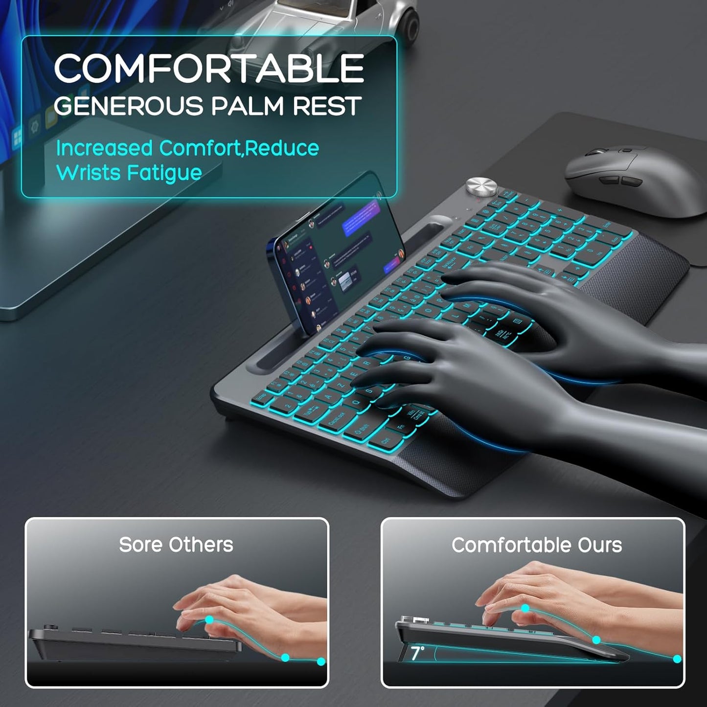 Backlit Keyboard and Mouse Combo, 7 Colors Wireless Keyboard Ergonomic with Wrist Rest and Volume Knob,Phone Holder,Rechargeable with Light Up Keyboard for Laptop, PC, Mac, Windows -Black