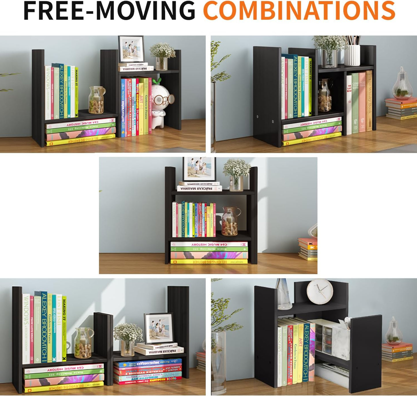 YSJILIDE Wood Adjustable Small Desktop Bookshelf, Expandable Storage Rack, Display Shelf, Office Supplies Organizer (Black)