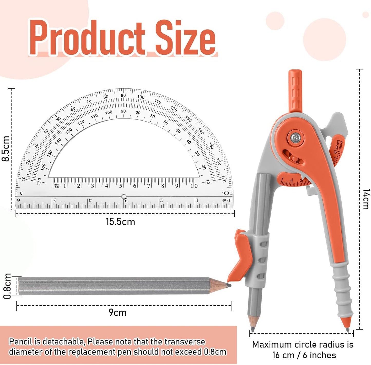 EBOOT Student Geometry Math Set, Drawing Compass and 6 Inch Clear Swing Arm Protractors 180 Degree Math Protractor(Watermelon Red)