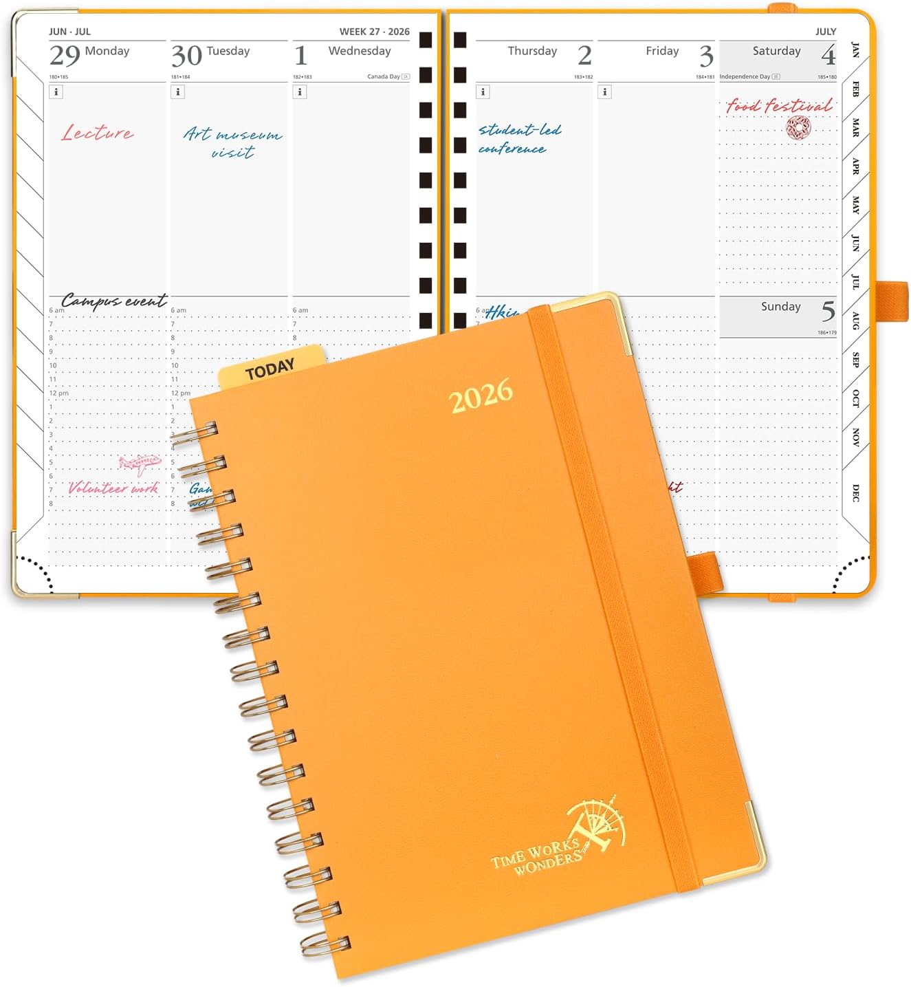 POPRUN 2026 Planner (Medium Size 8.5'' x 6.25'' Wire-Bound Hard Cover) Daily Weekly and Monthly Calendar - Agenda 2026 (Jan.2026-Dec.2026) with Hourly Schedule, Monthly Tabs - Orange