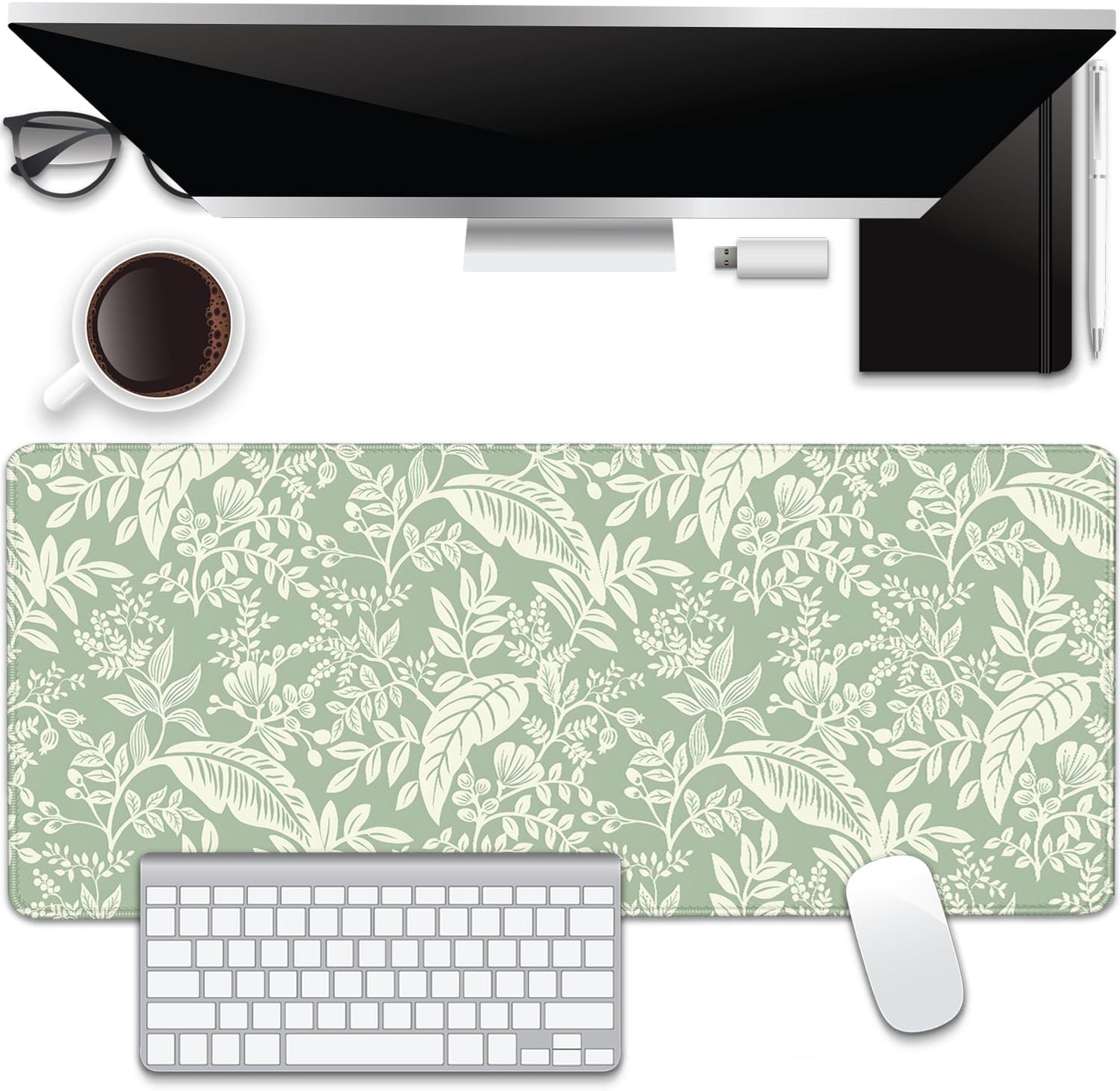 Green Plants Desk Pad Mouse Pad,Large Natural Fresh Mouse Mat with Stitched Edges,Non-Slip Rubber Base Elegant Mousepad for Office PC Keyboard Laptop and Home Work Desk Mat(27.5X11.8 in)