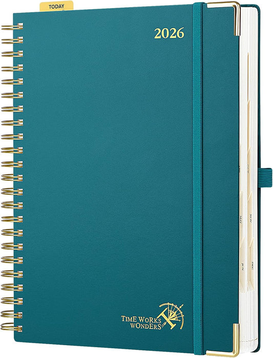 POPRUN 2026 Daily Planner One Page A Day - [A4 Large Size 8.5" x 12" -Spiral Hard Cover], Agenda 2026 Hourly Appointment Book with Monthly Calendar, Pen Holder, Ivory Paper - Pacific Green