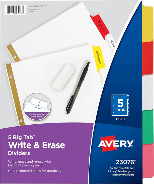 Avery Big Tab Write & Erase Dividers for 3 Ring Binders, 5-Tab Set, Multicolor Divider Tabs, 1 Set of Binder Dividers, Great for Organizing Projects, Reports, Finances, and More (23076)