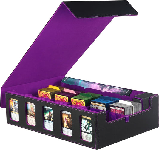 Trading Card Storage Box for MTG, card storage box with Commander Display，Multi-purpose Deck Case for MTG TCG Sports Card, 4 Toploaders, 4 Stoppers, 4 Colorful Dividers (Black& Purple, 5-Row)