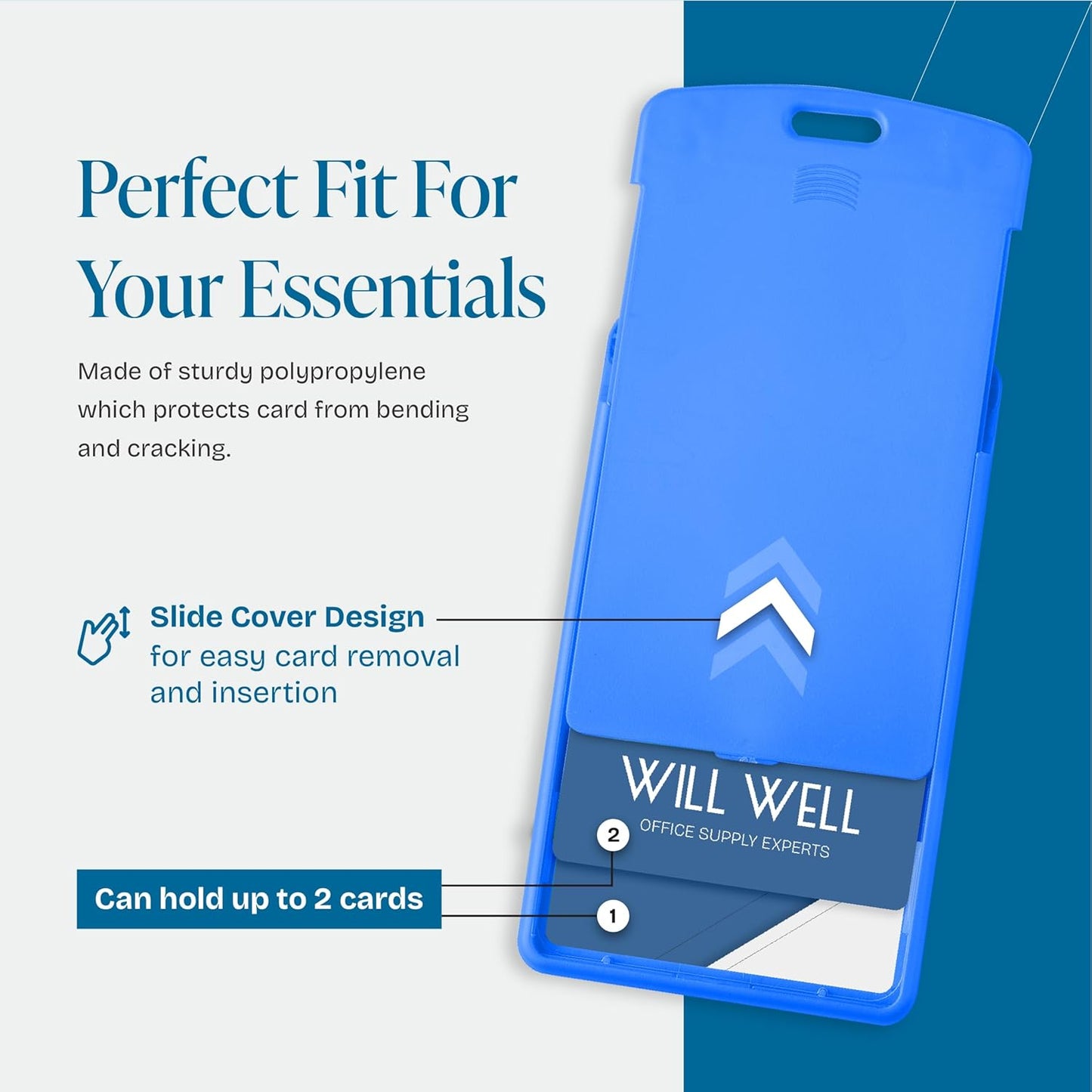Will Well Vertical Sliding Badge Holder for Lanyards - Hard ABS Plastic 4.13" x 3.3" Protector Fits Up to 2 Standard-Sized Cards, Lightweight Secure Quick-Access Slide Cover Design - 6-Pack, Blue