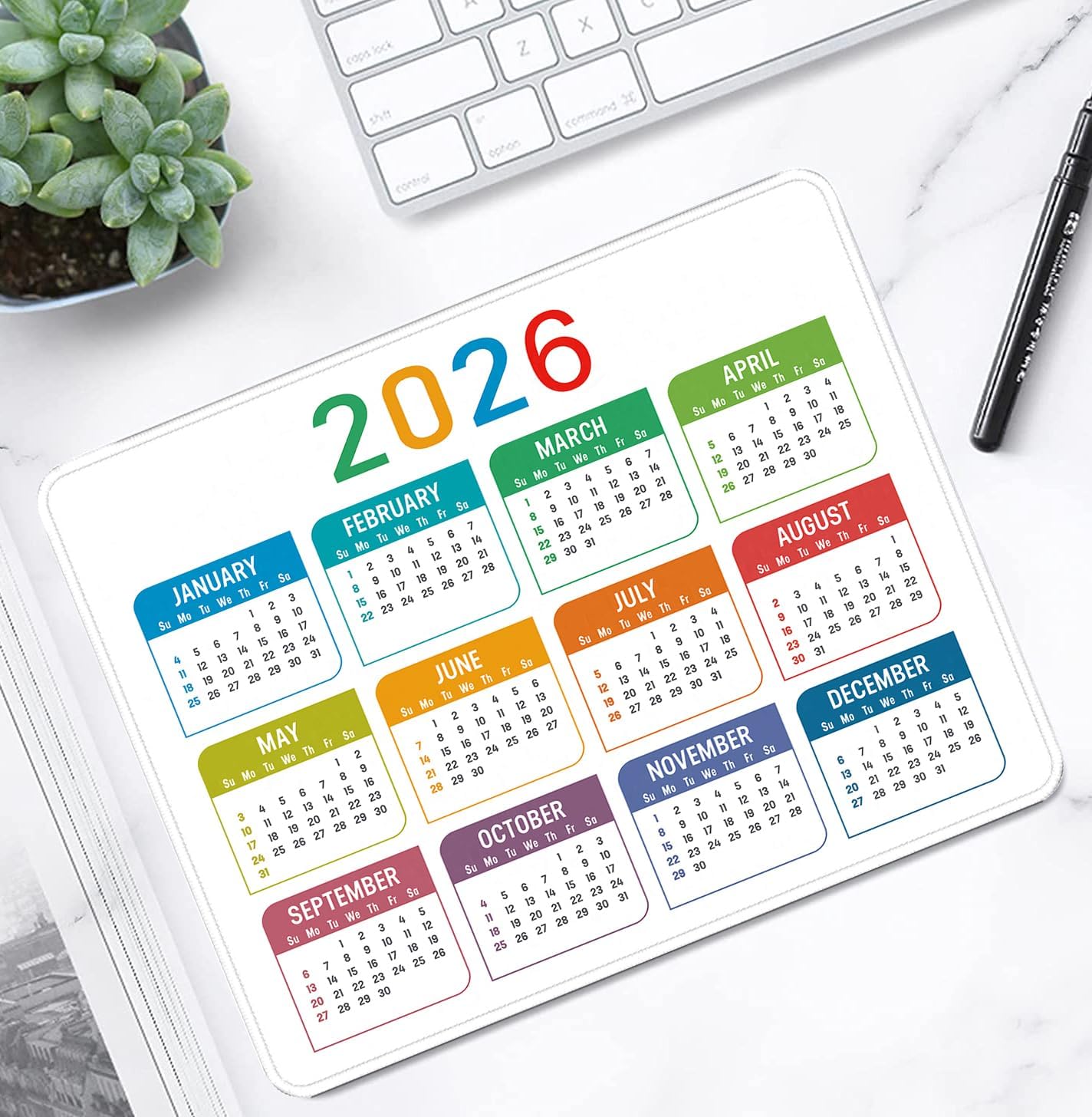 2026 Calendar Mouse pad, Gaming Stitched Edge Computer Accessory Mouse Pad, Rectangular Anti Slip Chloroprene Rubber Mouse Pad for Office and Home Use (White Calendar Mouse Pad)