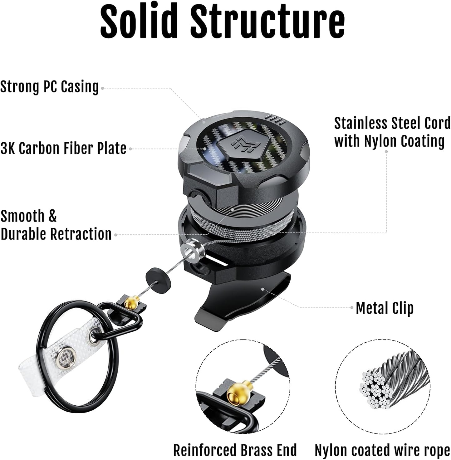 MNGARISTA Upgraded Heavy Duty Retractable Keychain with Belt Clip, 10 OZ Retraction, 31.5" Stainless Steel Cord Key Chain, 3K Carbon Fiber ID Badge Reel Holder with Badge Strap and Key Ring, 4 Pack