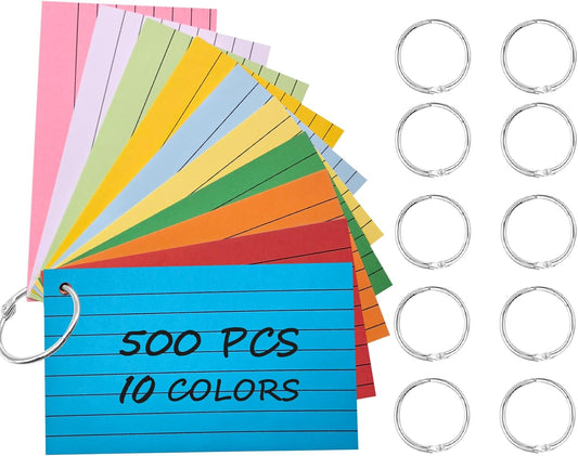500Pcs Index Cards with 10 Rings, 3 x 5 Inches Ruled Index Cards, Colored Index Flash Cards, Lined on Both Side Colored Notecards for Study, Learning, Memory, Recipe (10 Colors)