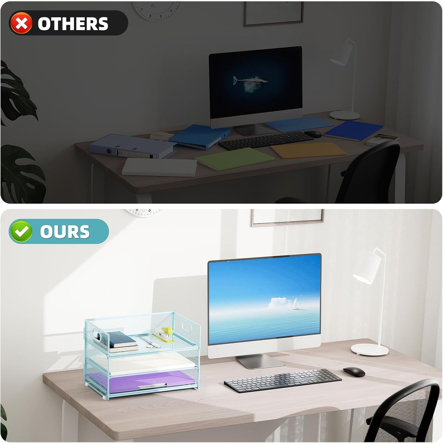 Marbrasse 3 Tier Paper Organizer Letter Tray, Mesh File Organizer with Handle, Paper Sorter Desk Organizer for Home Office Supplies - 2p Blue