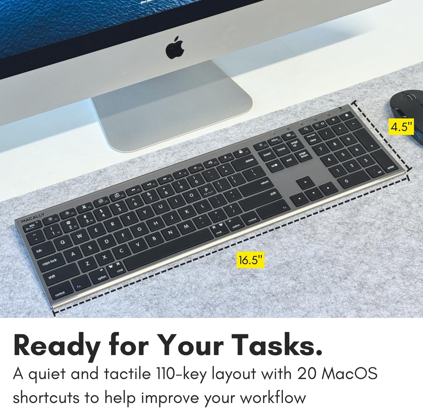 Macally Wireless Bluetooth Keyboard for Mac - Compatible Apple Keyboard or MacBook Pro/Air, iMac - Multi-Device, Up to 3 Devices with 110 Keys, 20 Shortcuts, Numeric Keypad, and Rechargeable