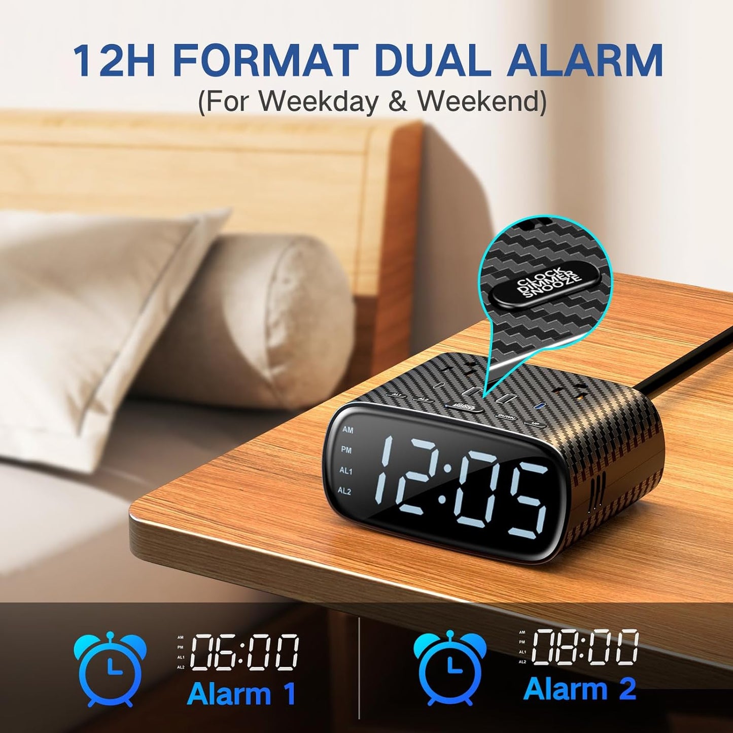 XBA Digital Alarm Clock with 20W USB C Ports, Dual Alarm Clock Power Strip with 2 AC Outlets, 4 USB Charging Ports, Dimmable Snooze Desk Clock with 6FT Cords for Bedrooms,Travel, Black