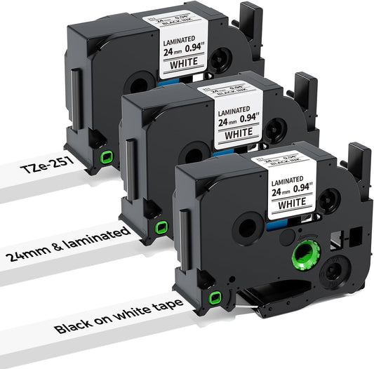 3-Pack 24mm 0.94 Laminated White Tape Replace for Brother Label Maker Tape TZe-251 Compatible with Brother P Touch TZ TZe 1" Refills for PT D610BT D600 700 P710BT PTP750W, Label KINGDOM Tze251