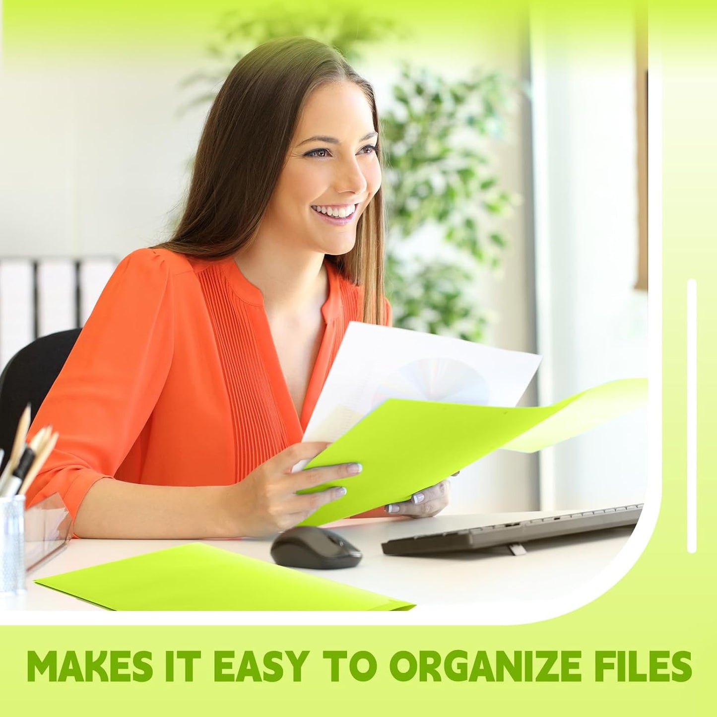 Henoyso 60 Pcs Plastic Folders with Clear Front Pockets Heavy Duty File Folders with 2 Pockets and Card Slot for Student Communication School Office Presentation Report (Fluorescent Green)