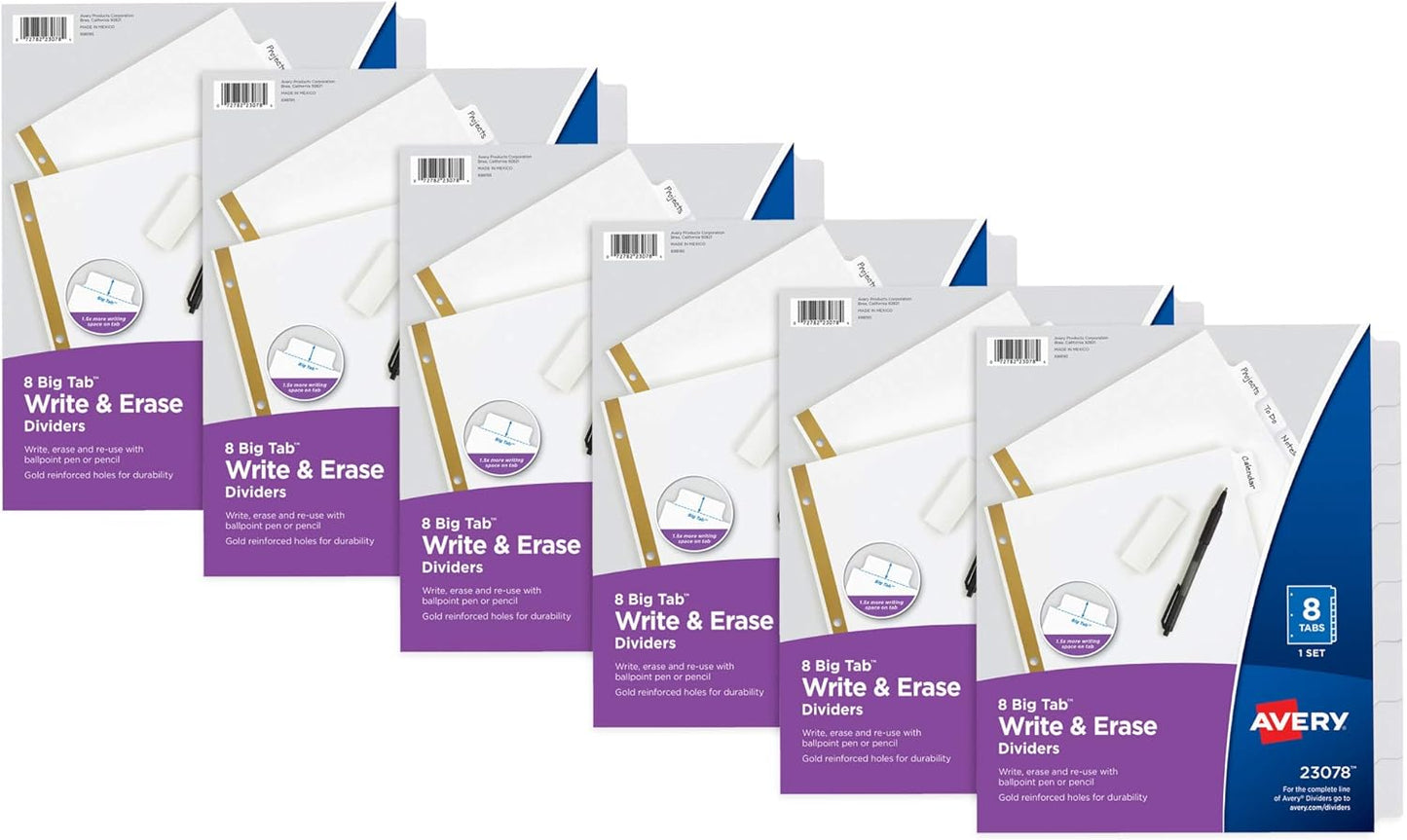 Avery Big Tab Write & Erase Paper Dividers with Gold Reinforcement, 8-Tab Set, White, 6 Sets (21213)